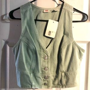 Levi's Sage Green Denim Button-Front Crop Vest Medium